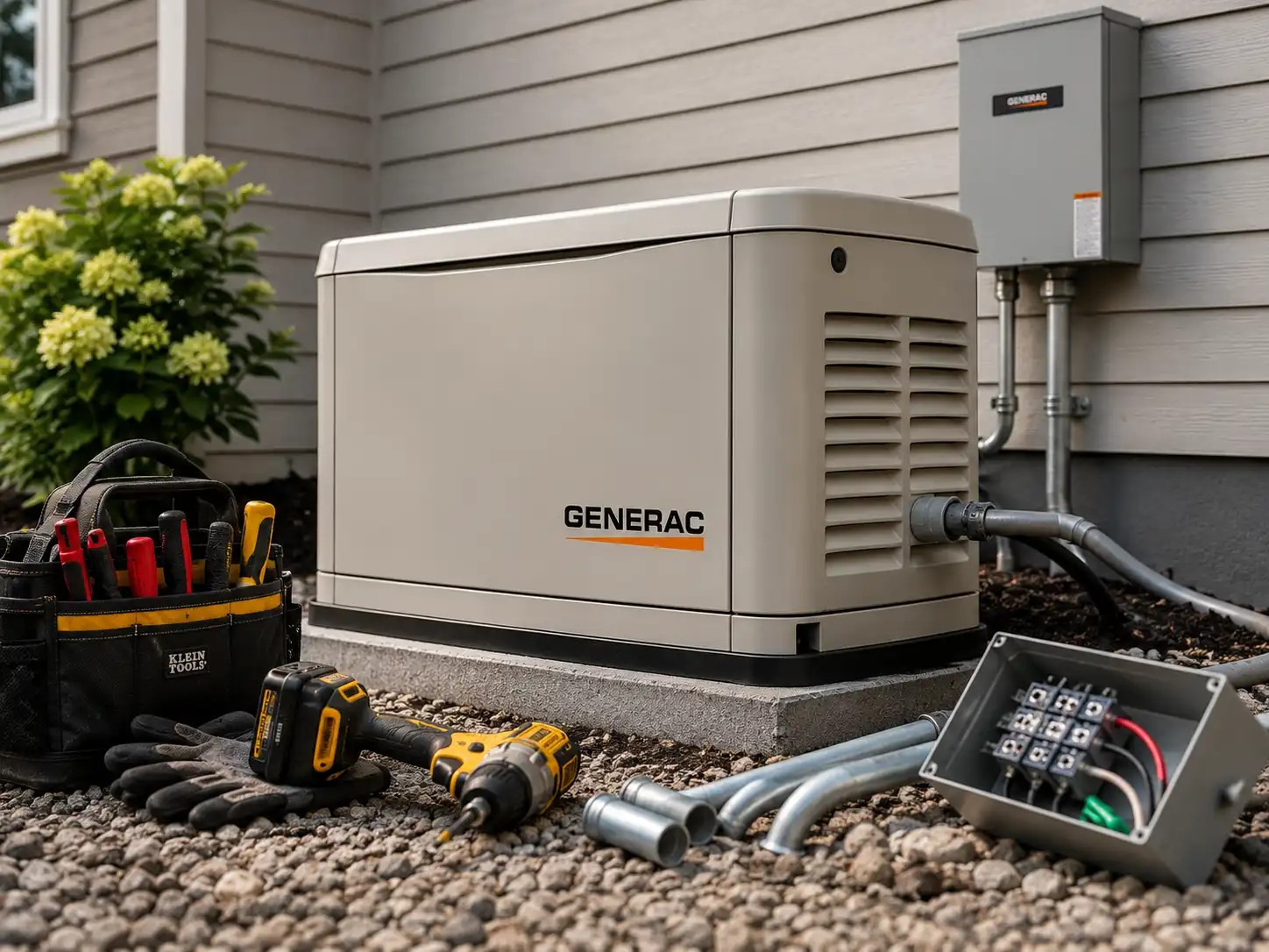 Residential Standby Generator Installation Standby generator installed beside a home with service equipment and tools
