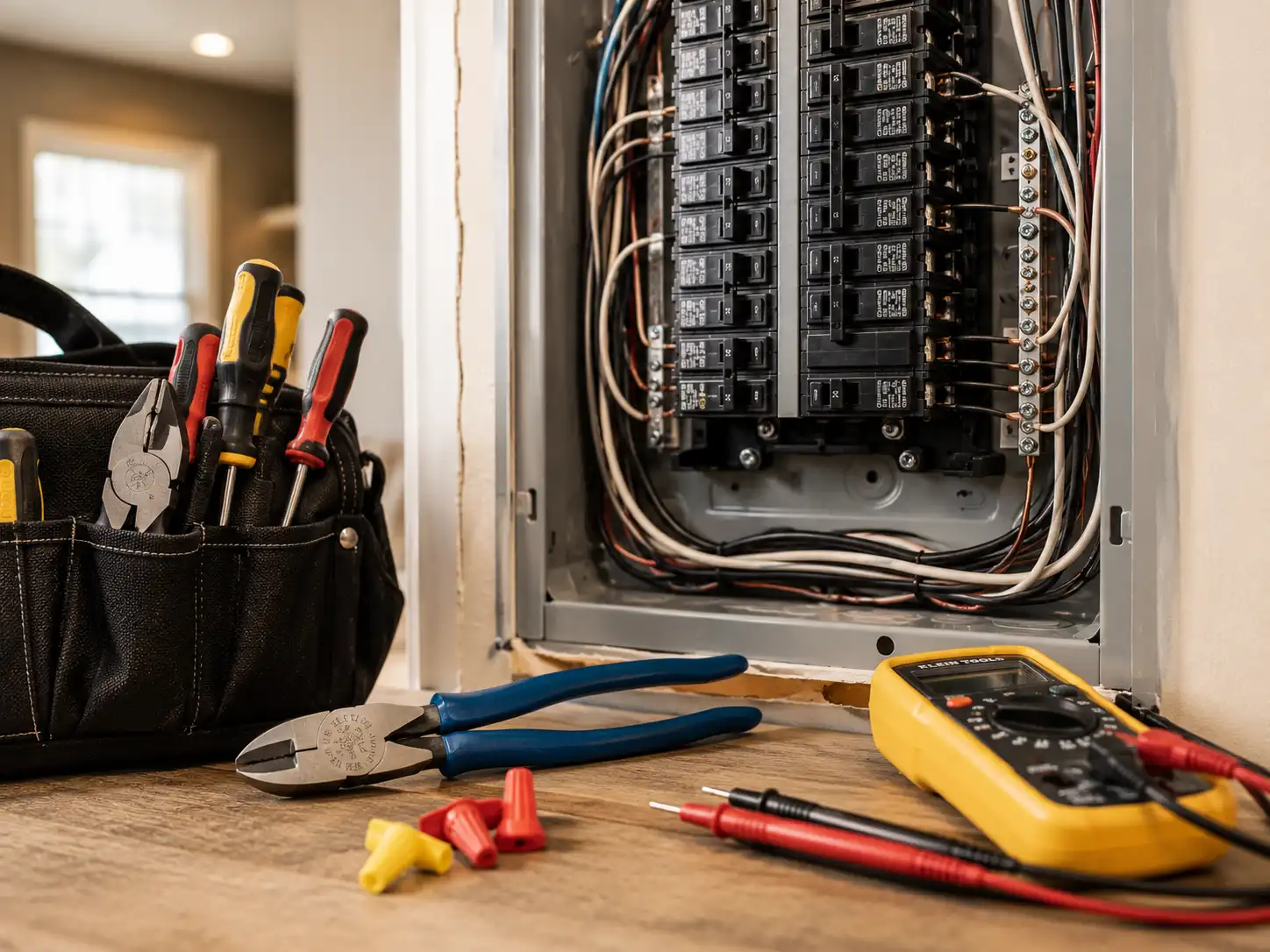 Residential Electrical Panel Upgrade Open residential electrical panel with electrician tools and testing meter
