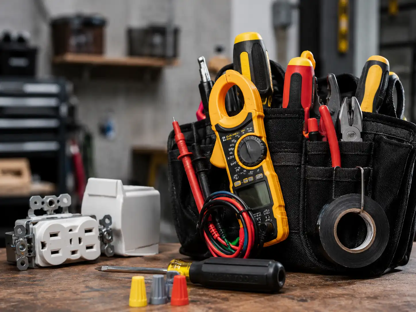Electrical testing tools and repair equipment on a workbench