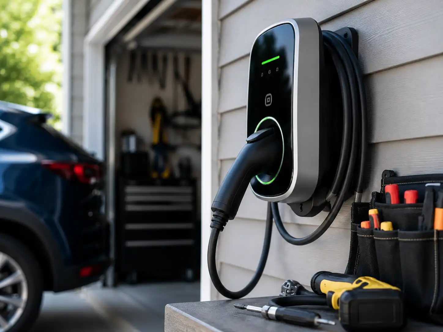 Residential EV Charger Installation Home EV charger installed beside a garage with electrical tools nearby