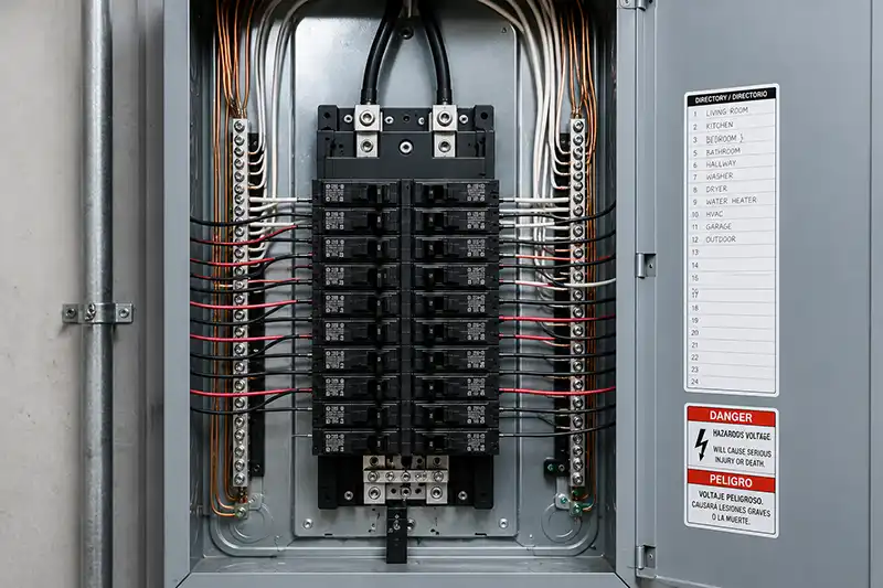 Upgraded residential electrical panel with modern circuit breakers