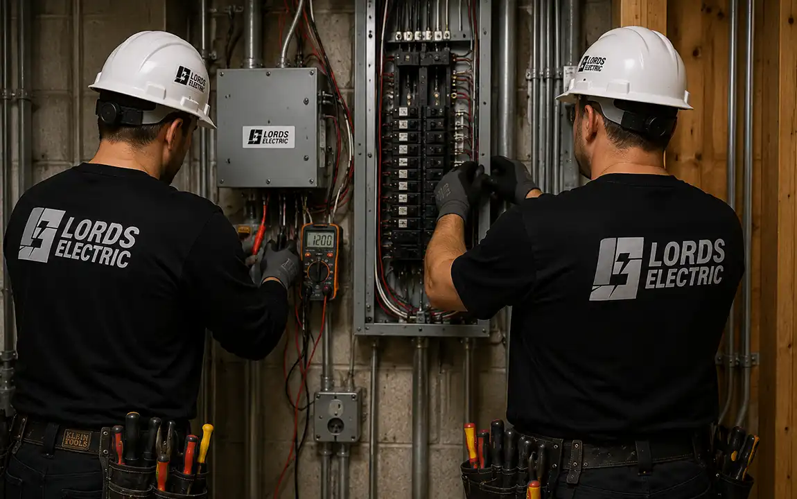 Lords Electric electricians working on an electrical panel