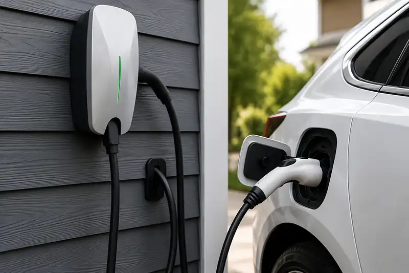 Home EV charger connected to an electric vehicle
