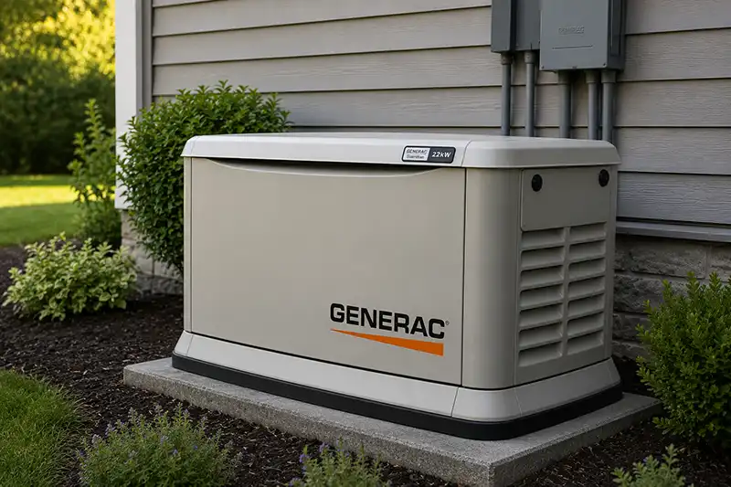 Standby home generator installed beside a house